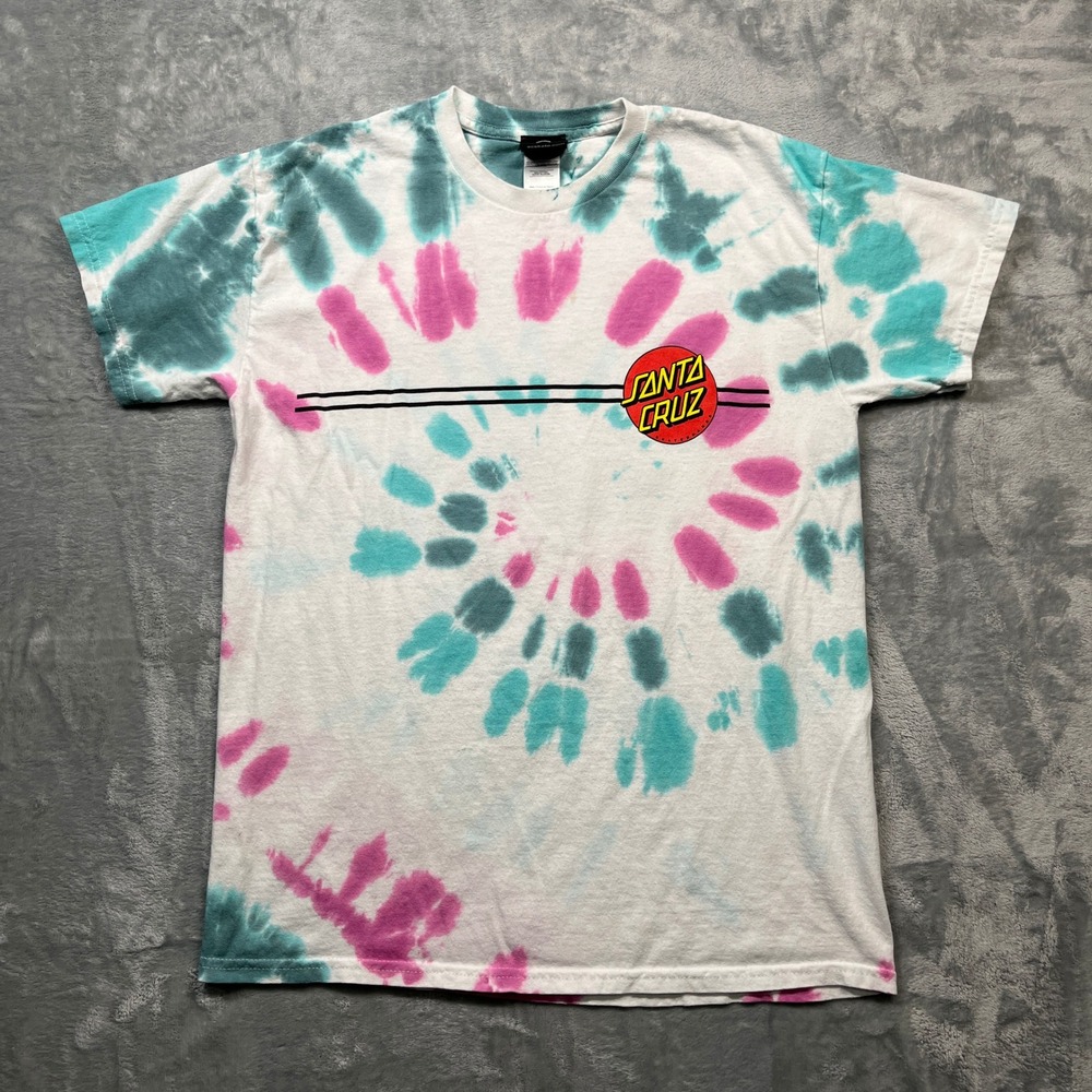 Santa Cruz T-Shirt White Teal Pink Tie Dye Dot Logo Graphic Tee Unisex Adult M